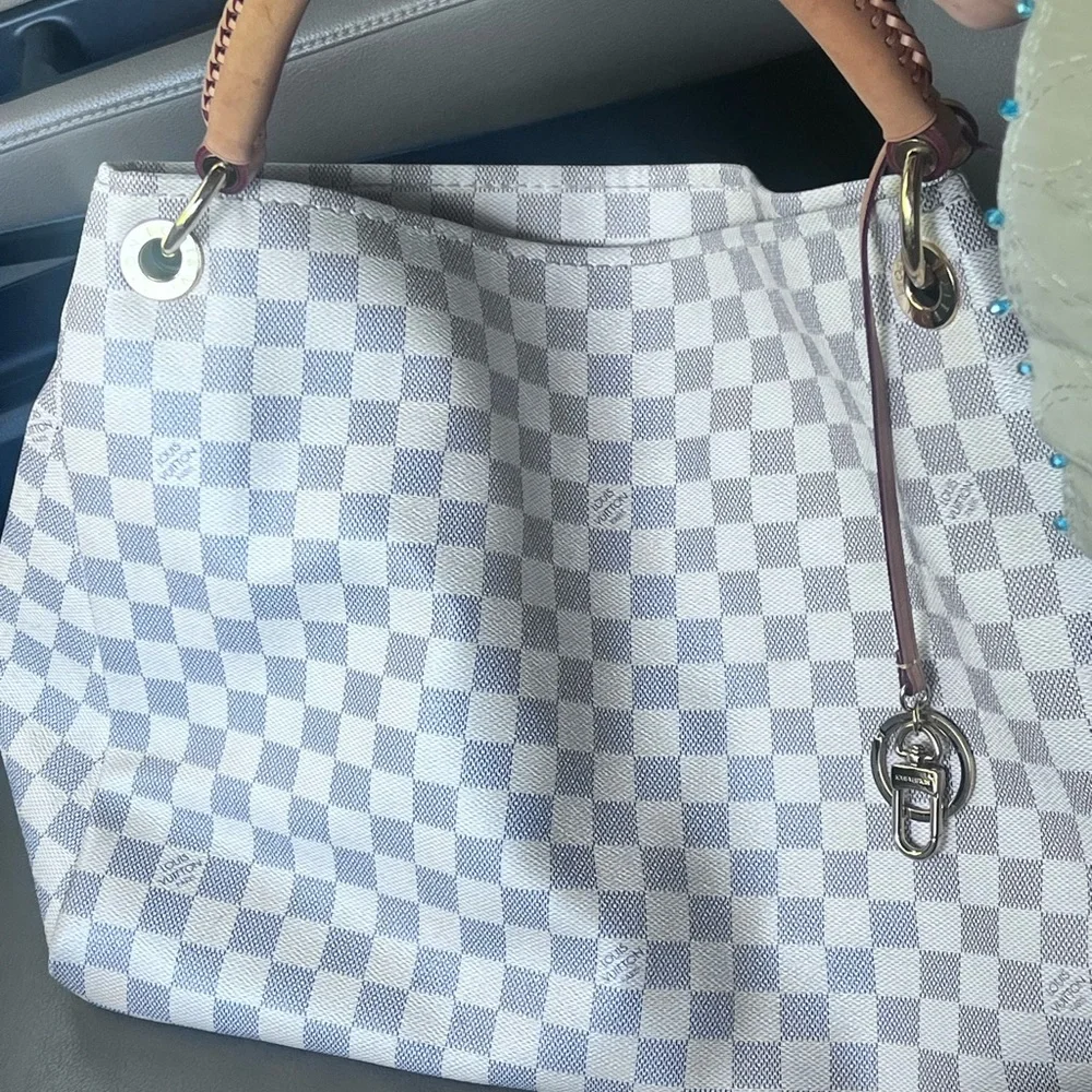Louis Vuitton Cream Checkered Shoulder Tote with Tan Leather Handle